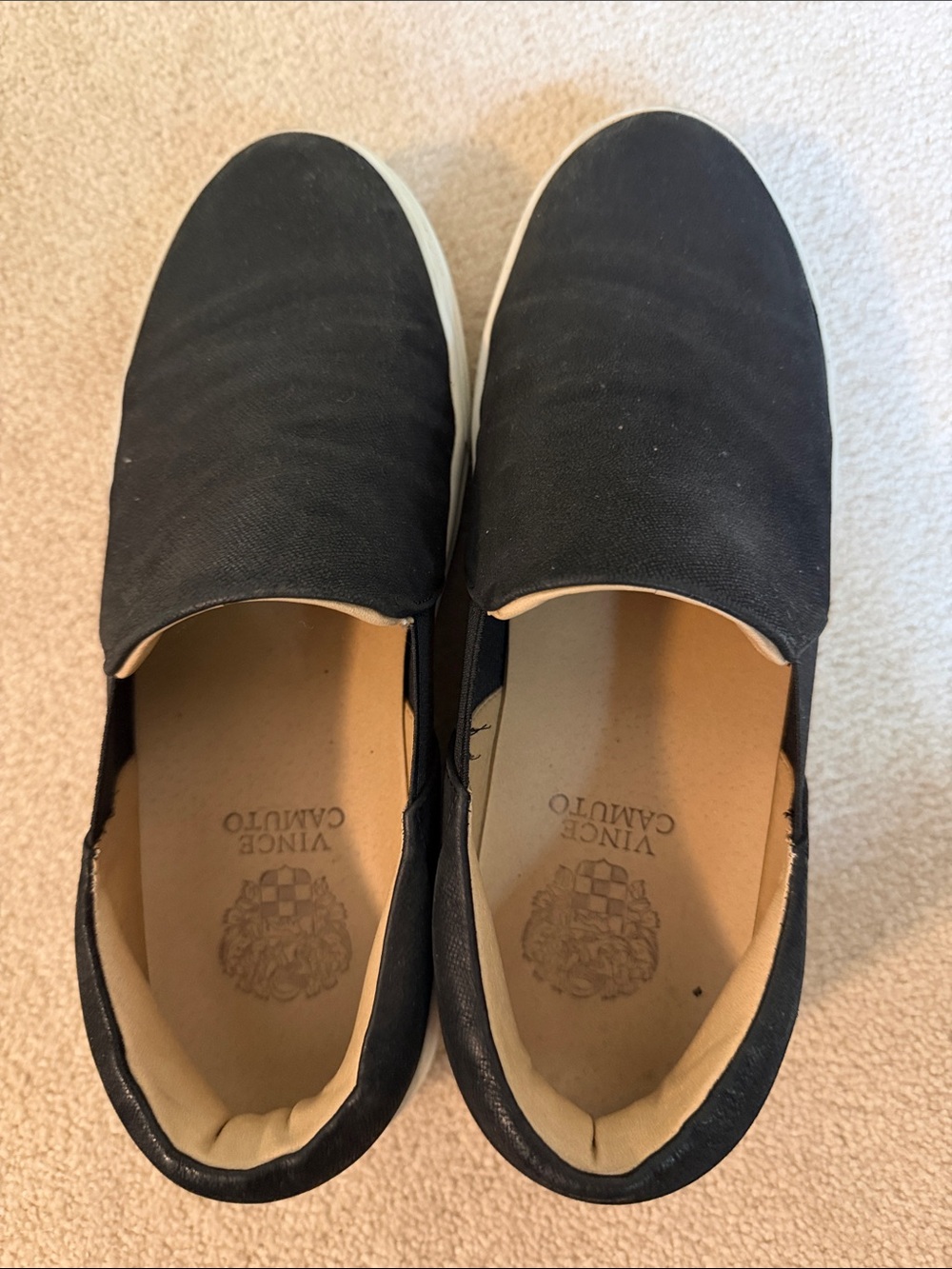 Vince Camuto Black Canvas Slip-On Loafers with White Sole